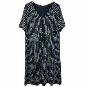 Gudrun Sjödén Midi Dress Size L Black White Bamboo Print V-Neck Lyocell Cotton